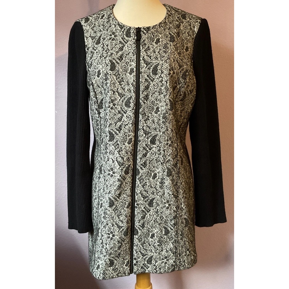 Karl Lagerfeld Paris Jacket Black‎ Gray Lace Zip Up Long Coatigan Medium